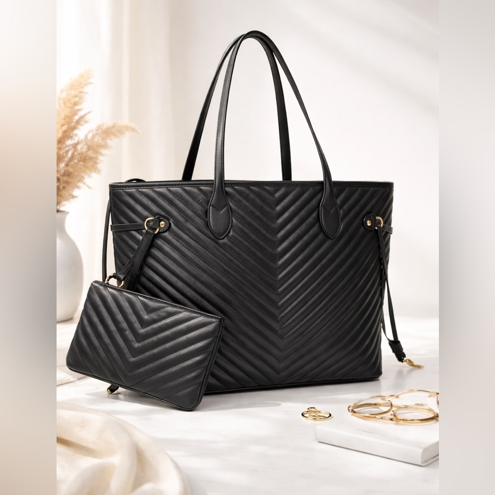 Black Quilted Tote Bag Faux Leather Laptop Work Purse Minimalist w/ Pouch